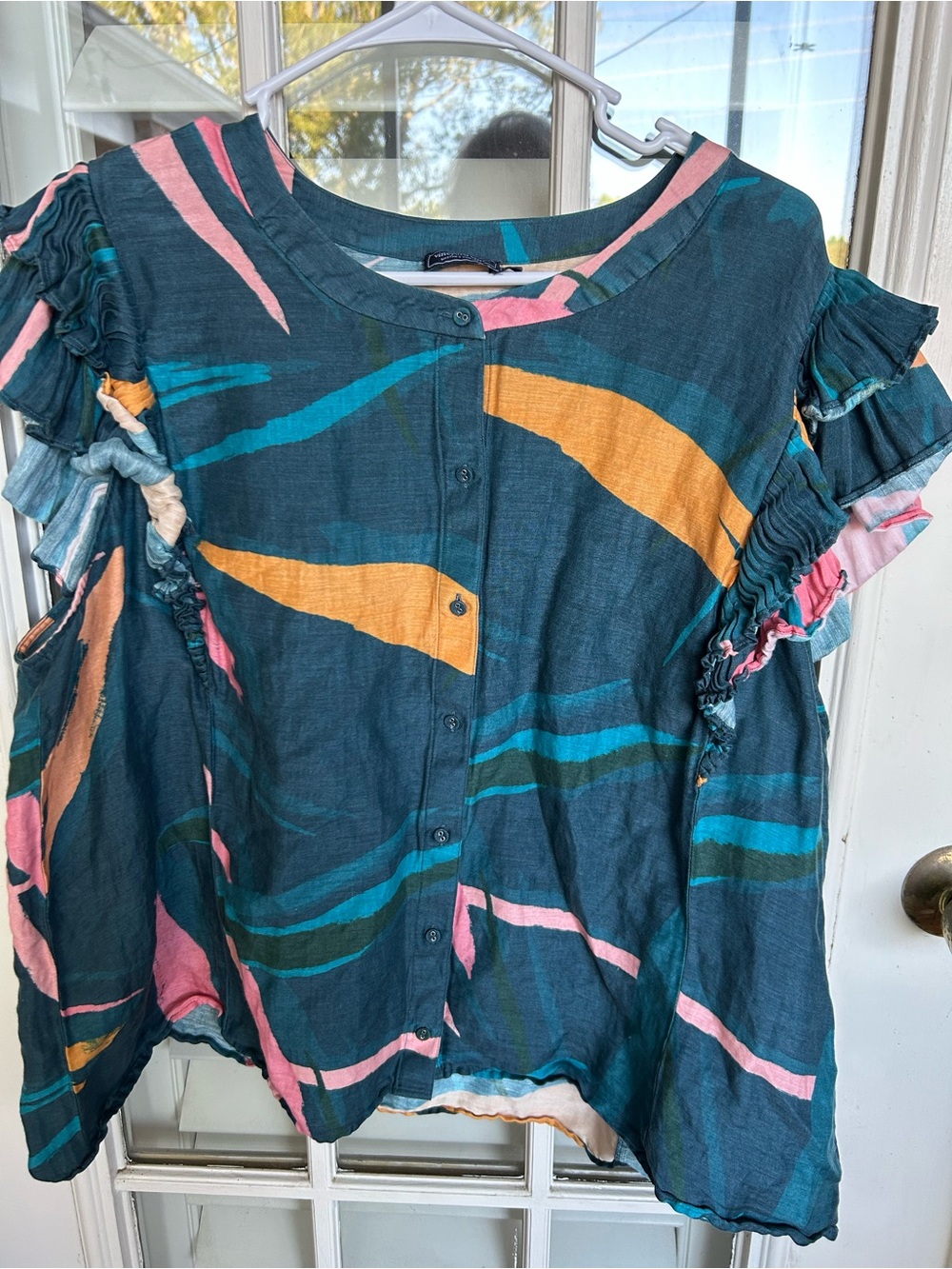 Vineyard Vines Teal Abstract Button Front Top with Pink & Mustard Accents